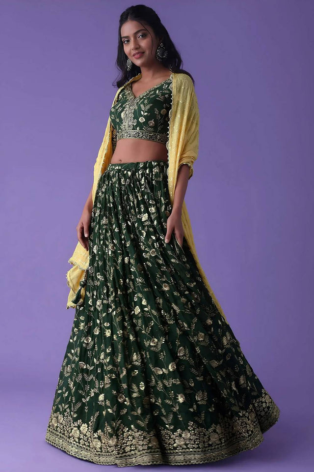 Green Embroidered Georgette Lehenga