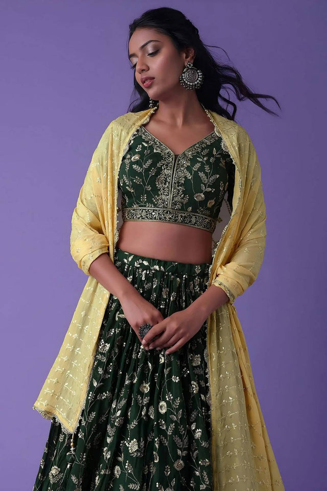 Green Embroidered Georgette Lehenga