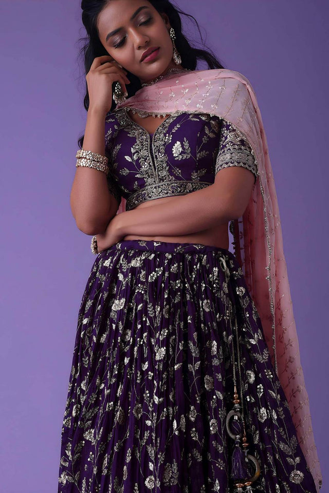 Violet Embroidered Georgette Lehenga