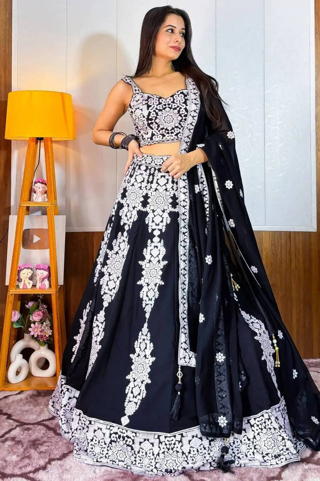 Black Thread Work Georgette Lehenga