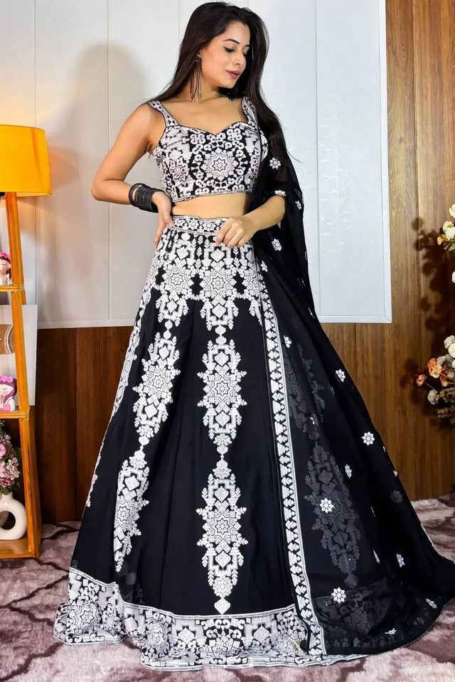 Black Thread Work Georgette Lehenga