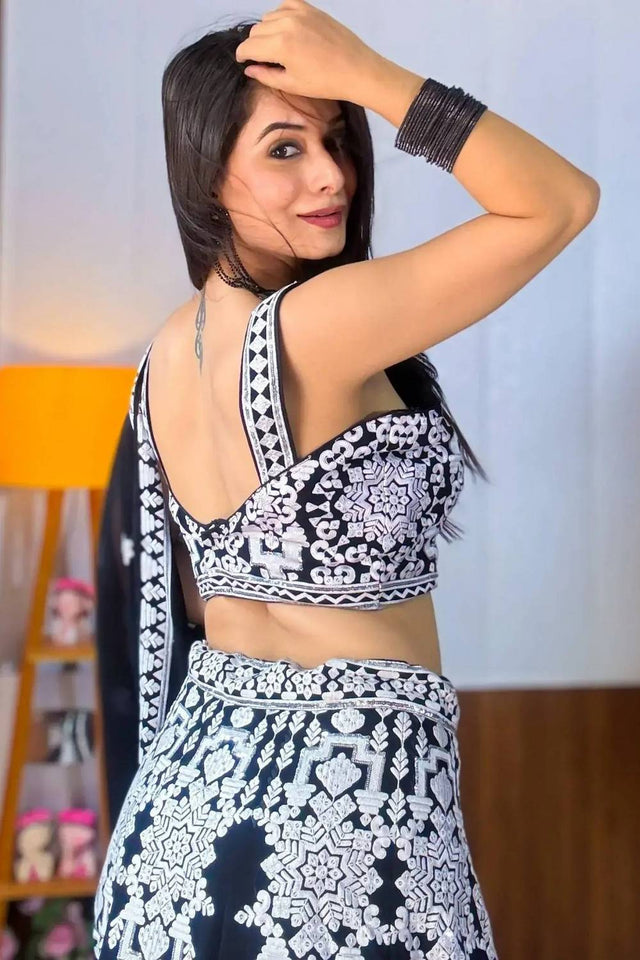 Black Thread Work Georgette Lehenga