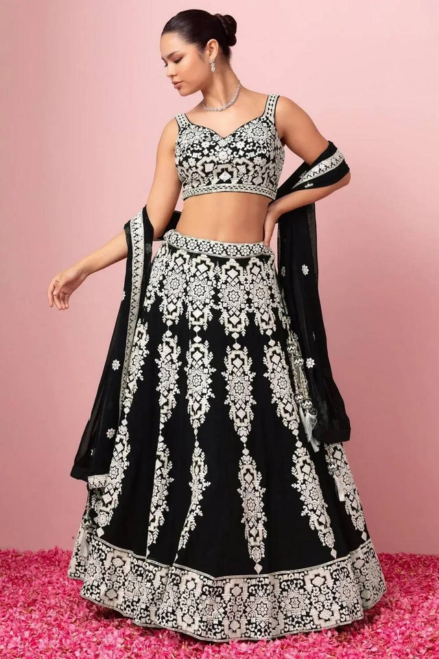 Black Thread Work Georgette Lehenga