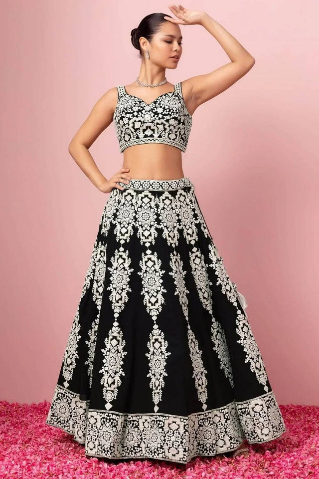 Black Thread Work Georgette Lehenga