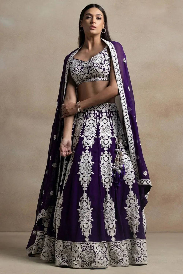 Violet Thread Work Georgette Lehenga