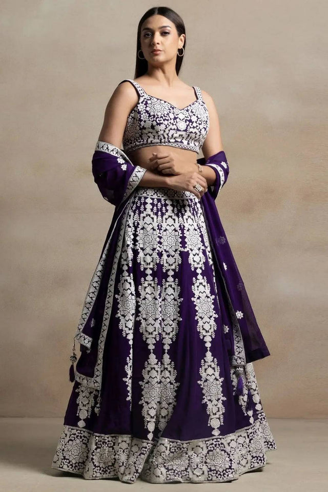 Violet Thread Work Georgette Lehenga