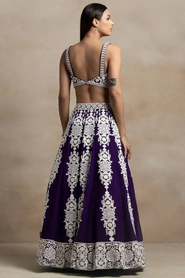 Violet Thread Work Georgette Lehenga