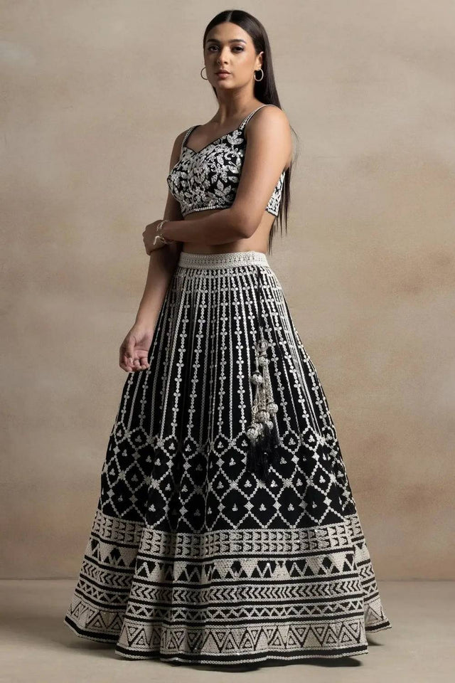 Black Thread Work Georgette Lehenga