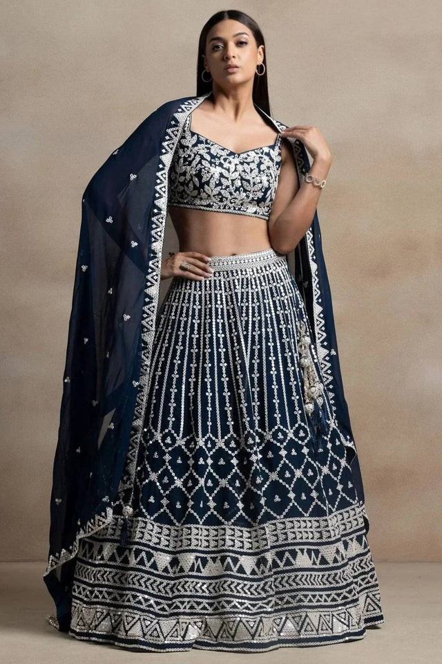 Navy Blue Thread Work Georgette Lehenga