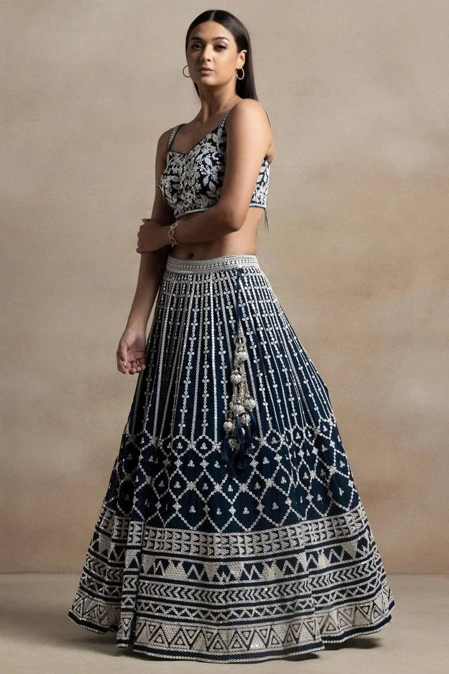 Navy Blue Thread Work Georgette Lehenga