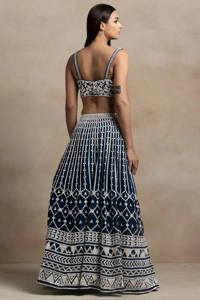 Navy Blue Thread Work Georgette Lehenga