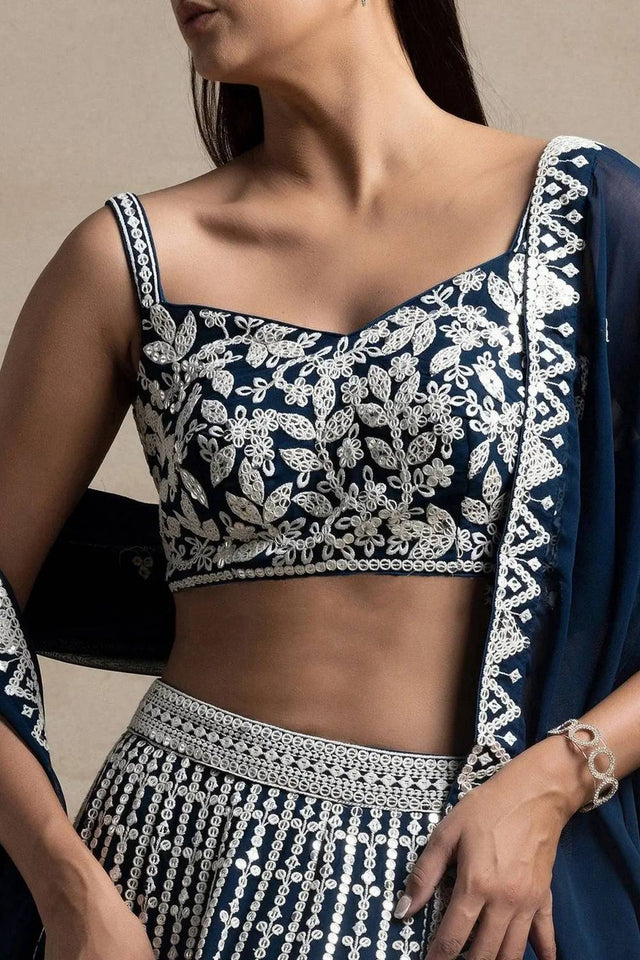 Navy Blue Thread Work Georgette Lehenga
