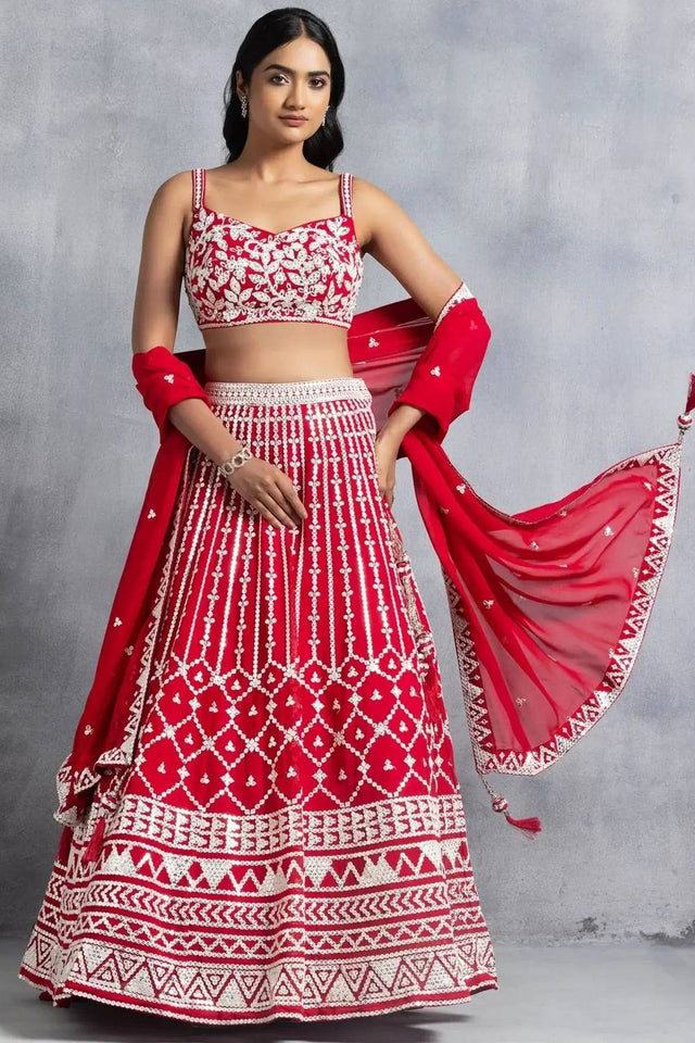 Red Thread Work Georgette Lehenga
