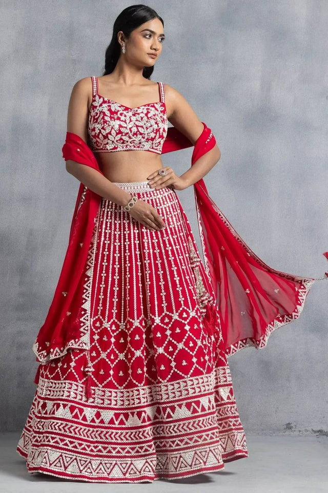 Red Thread Work Georgette Lehenga