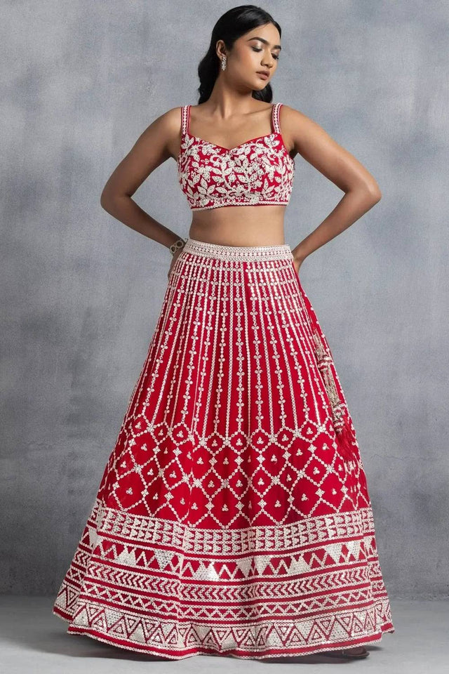 Red Thread Work Georgette Lehenga