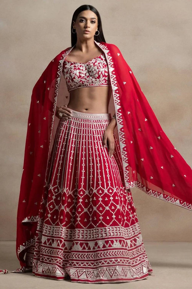 Red Thread Work Georgette Lehenga
