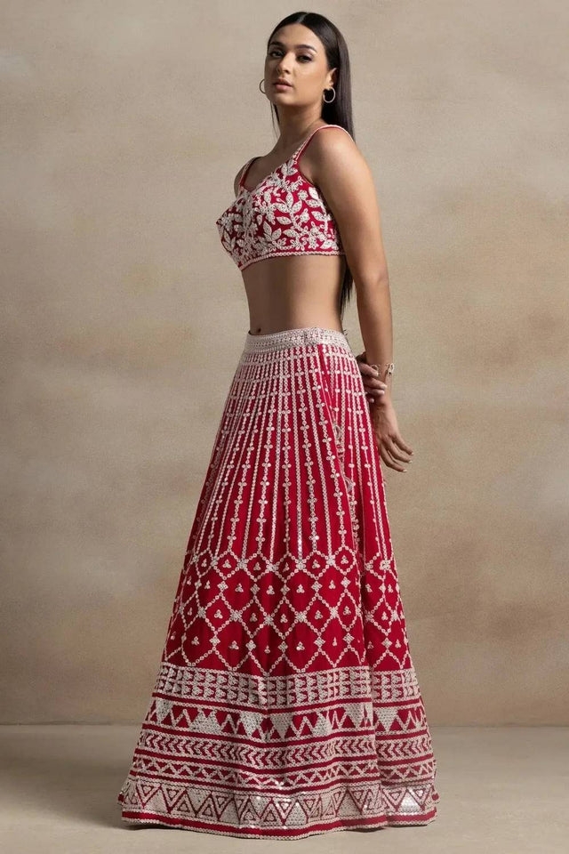 Red Thread Work Georgette Lehenga