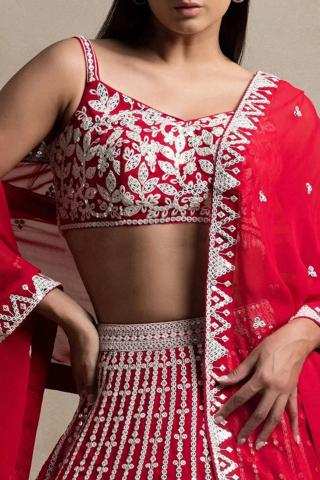 Red Thread Work Georgette Lehenga