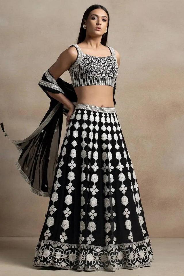Black Thread Work Georgette Lehenga