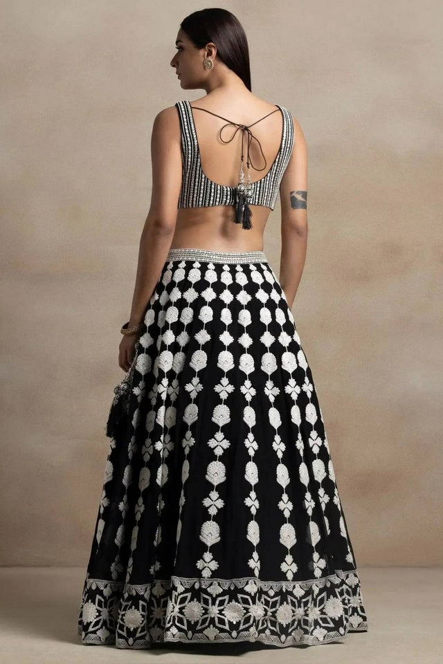 Black Thread Work Georgette Lehenga