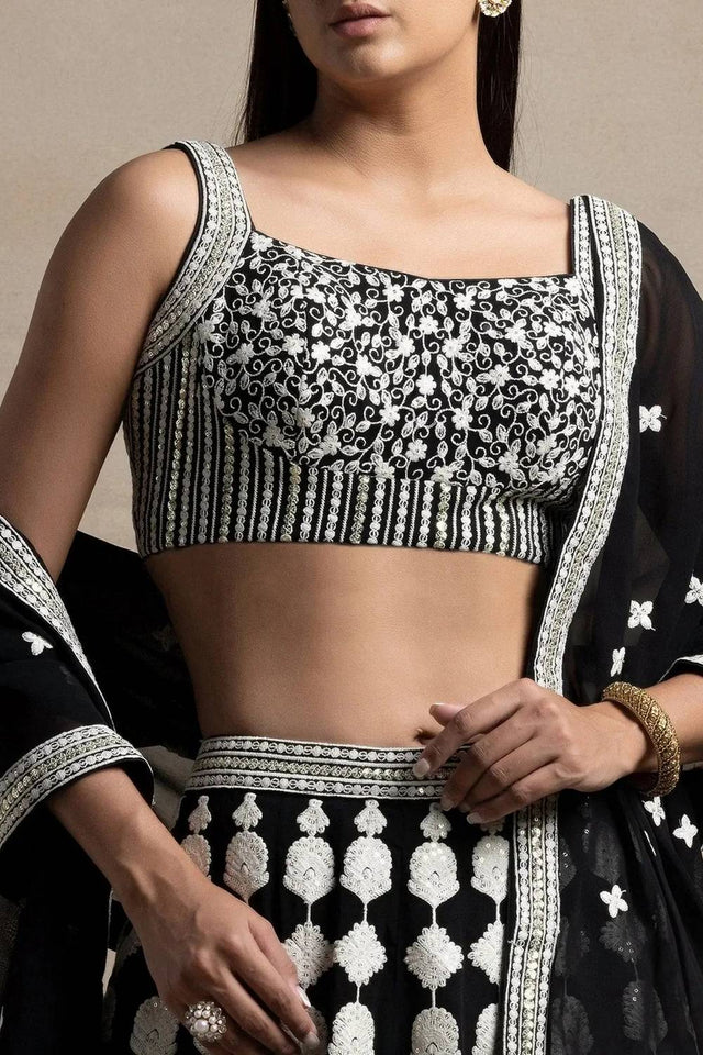 Black Thread Work Georgette Lehenga