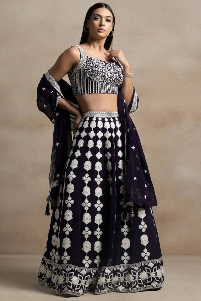 Violet Thread Work Georgette Lehenga