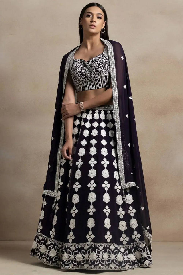 Violet Thread Work Georgette Lehenga