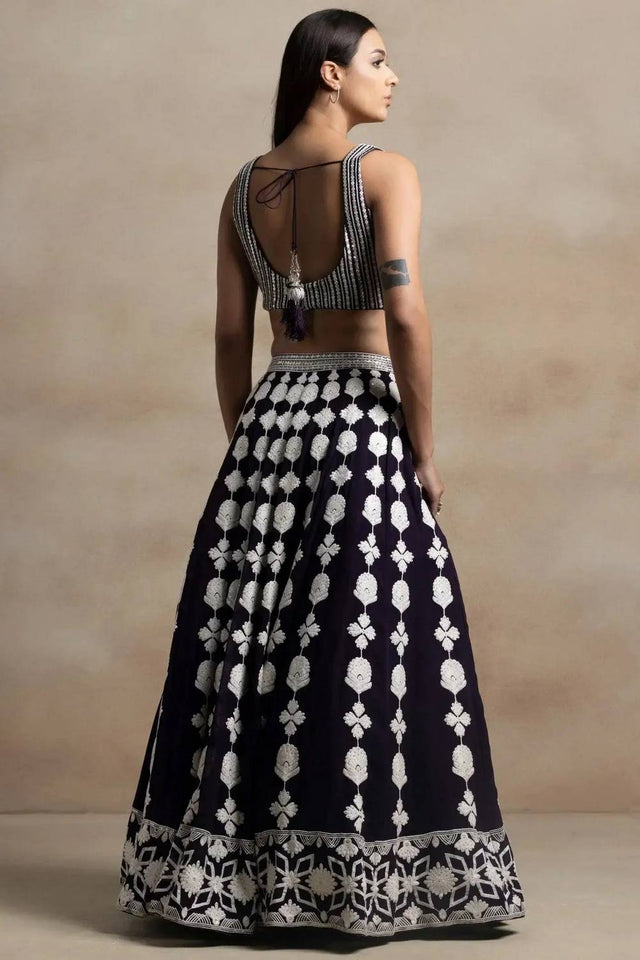 Violet Thread Work Georgette Lehenga