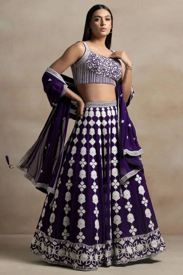 Violet Thread Work Georgette Lehenga