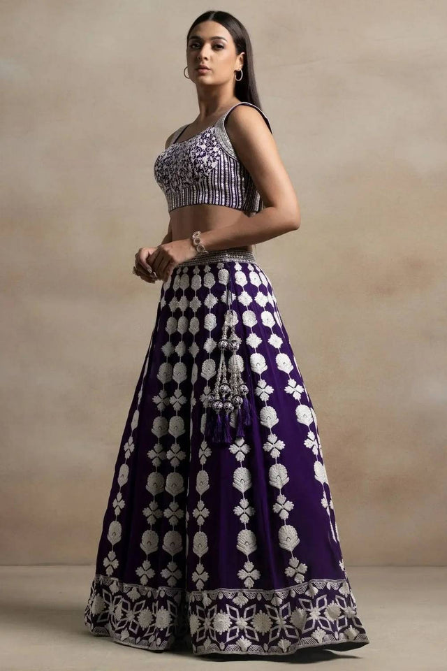 Violet Thread Work Georgette Lehenga