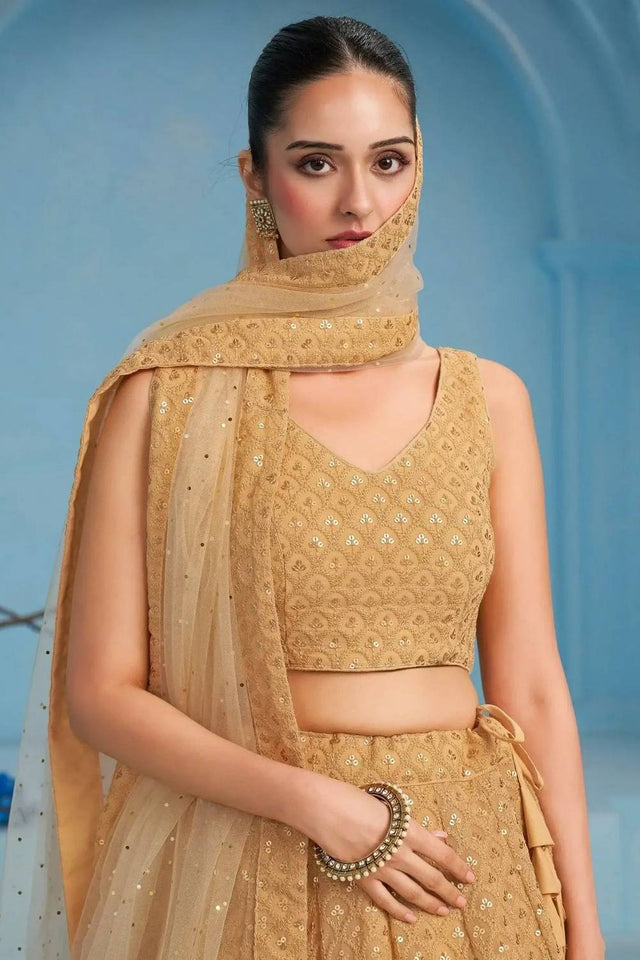 Beige Sequin With Embroidered Georgette Lehenga