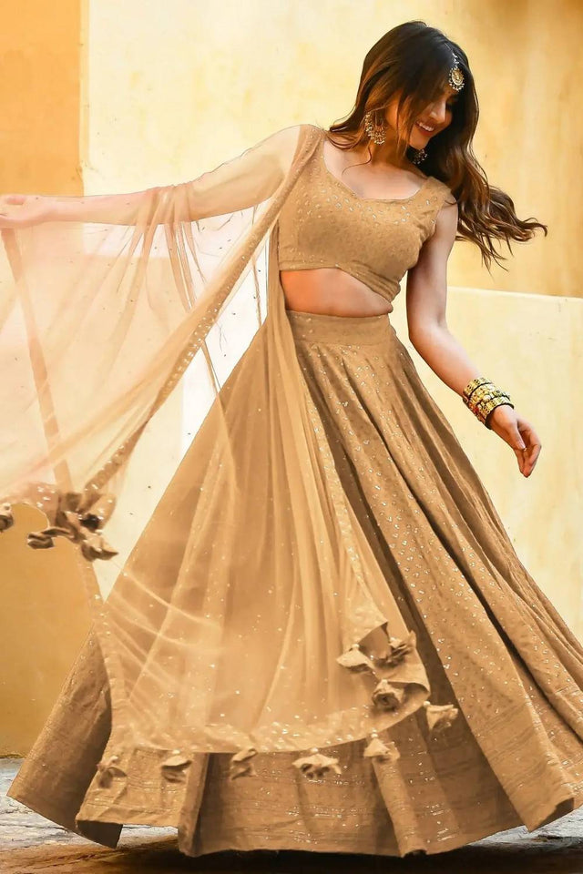 Beige Sequin With Embroidered Georgette Lehenga