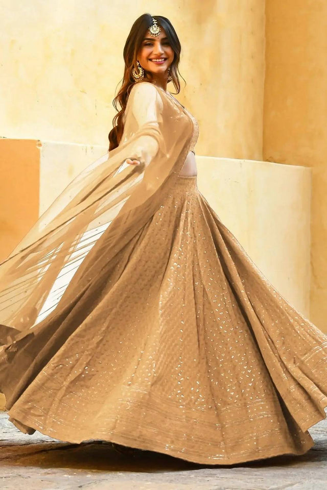 Beige Sequin With Embroidered Georgette Lehenga