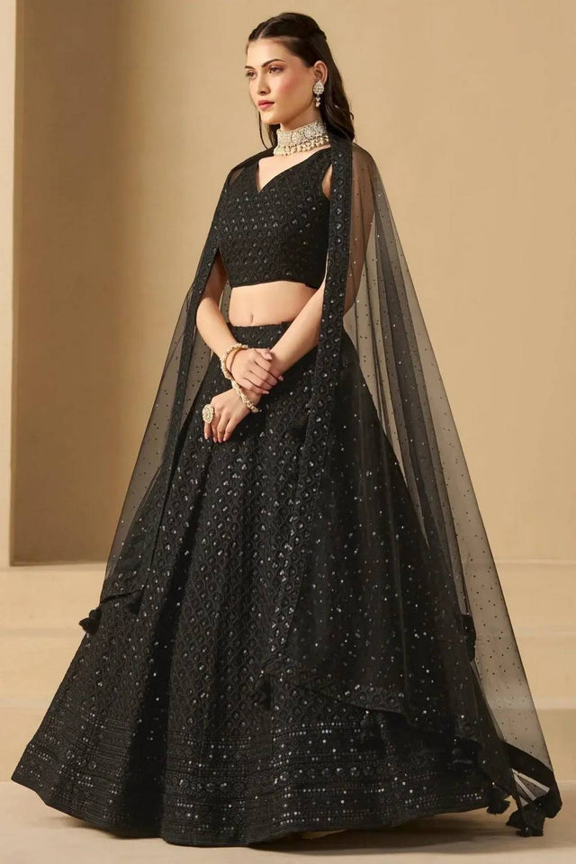 Black Sequin With Embroidered Georgette Lehenga