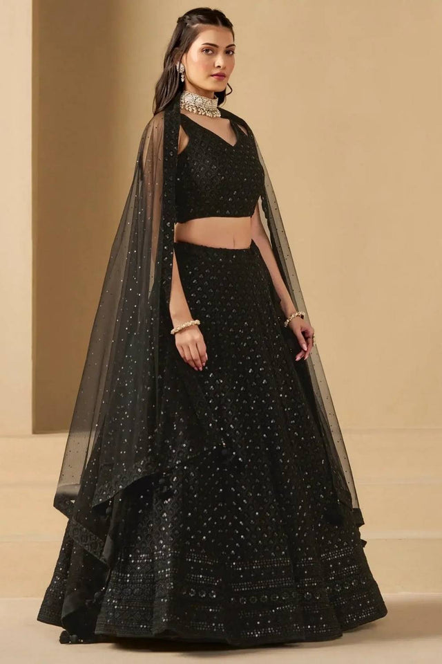 Black Sequin With Embroidered Georgette Lehenga