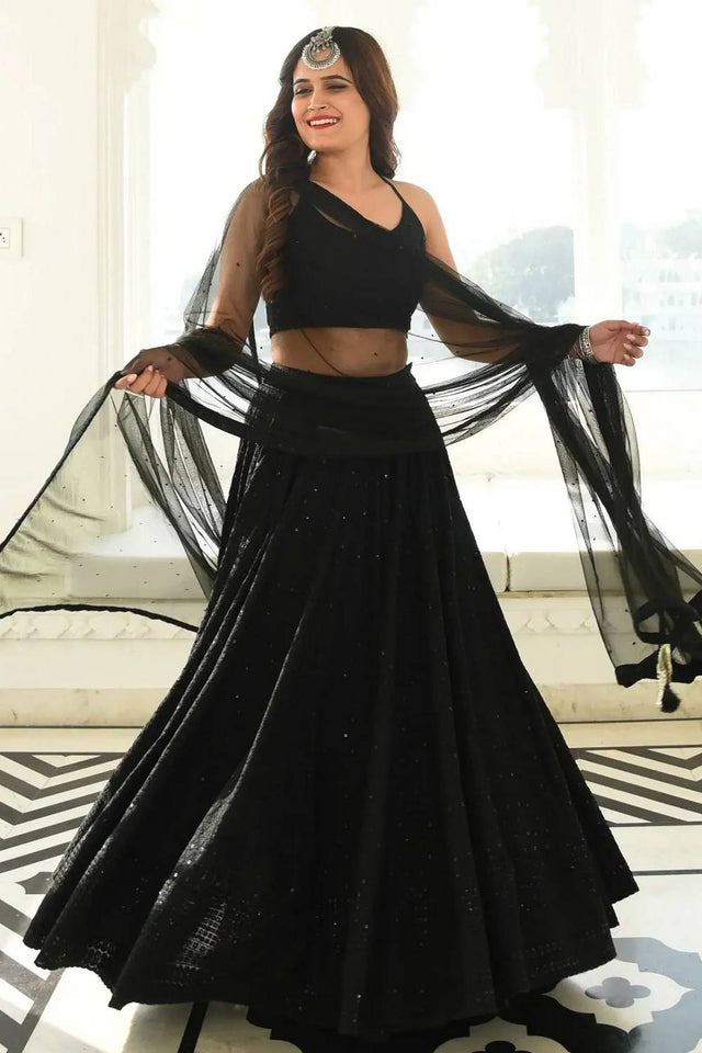 Black Sequin With Embroidered Georgette Lehenga