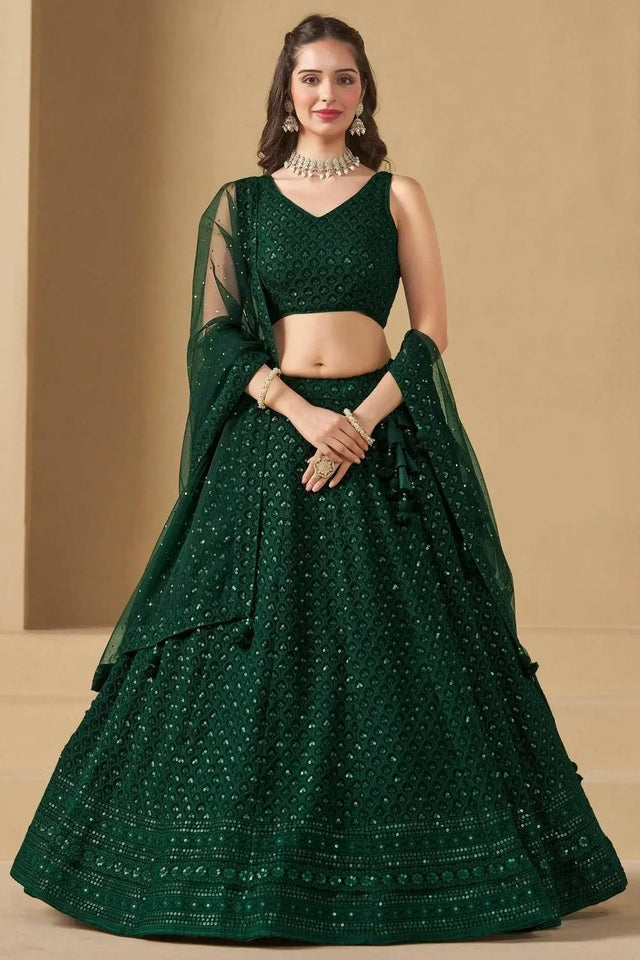 Green Sequin With Embroidered Georgette Lehenga