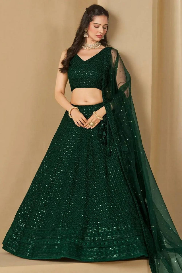 Green Sequin With Embroidered Georgette Lehenga