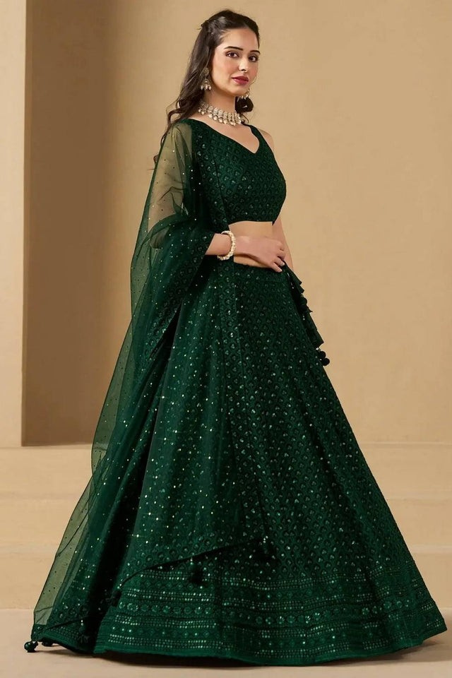 Green Sequin With Embroidered Georgette Lehenga