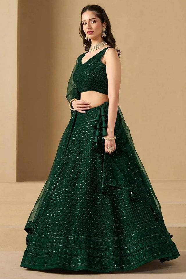 Green Sequin With Embroidered Georgette Lehenga