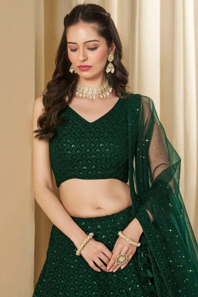 Green Sequin With Embroidered Georgette Lehenga