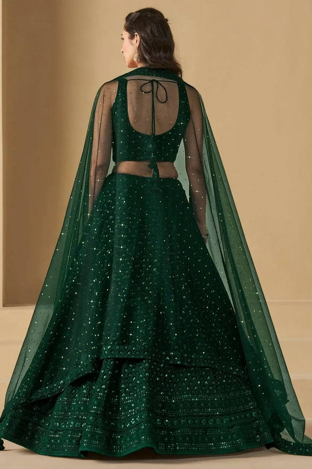 Green Sequin With Embroidered Georgette Lehenga