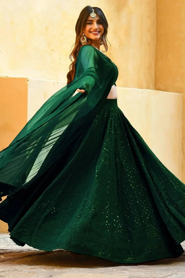 Green Sequin With Embroidered Georgette Lehenga