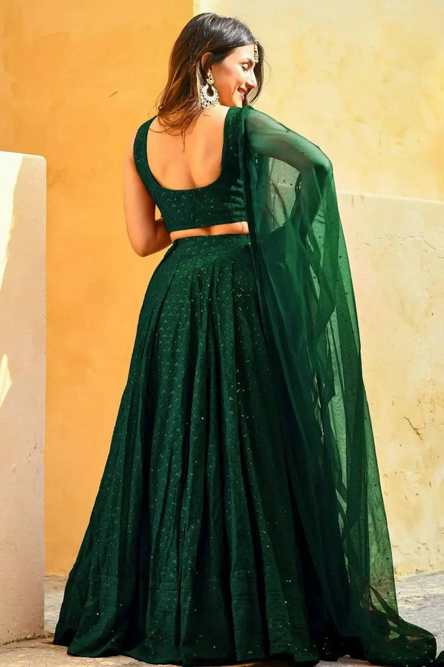 Green Sequin With Embroidered Georgette Lehenga