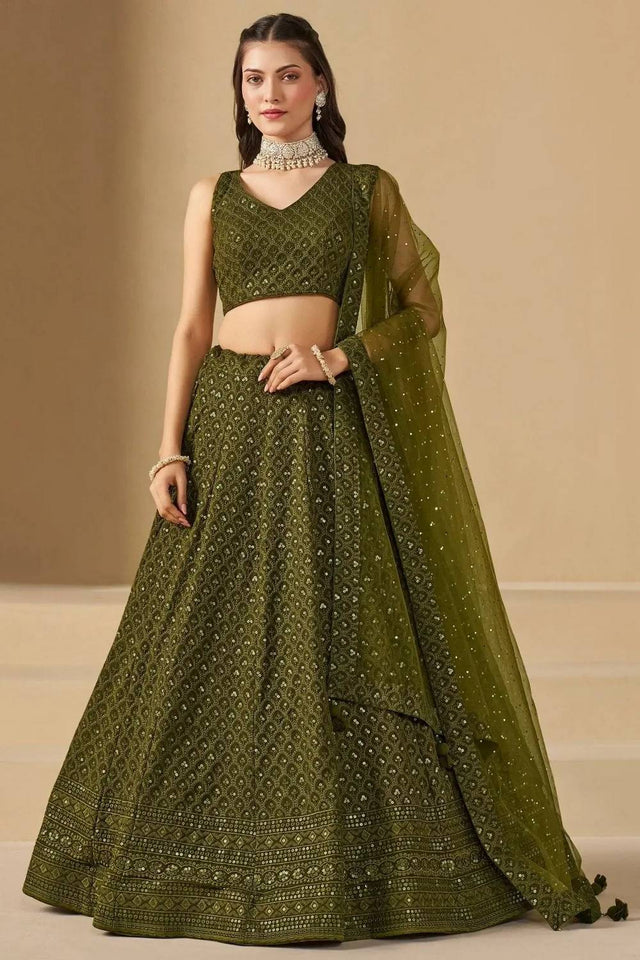 Green Sequin With Embroidered Georgette Lehenga