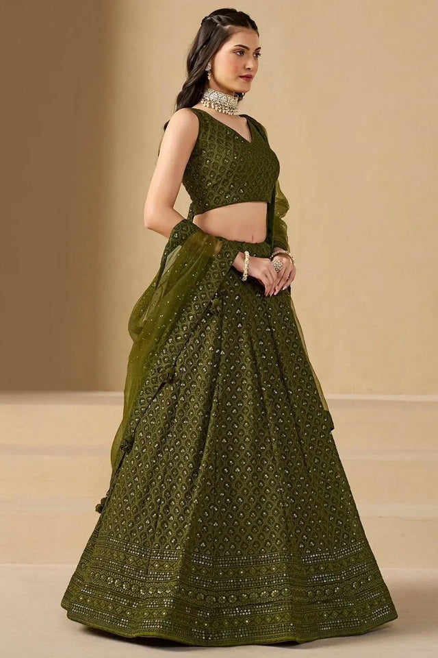 Green Sequin With Embroidered Georgette Lehenga