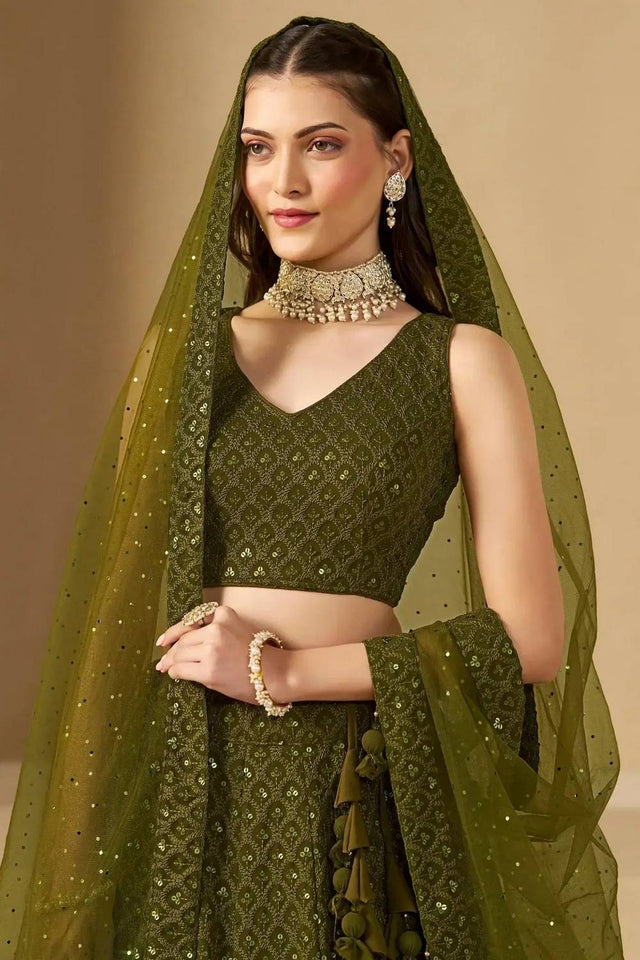 Green Sequin With Embroidered Georgette Lehenga
