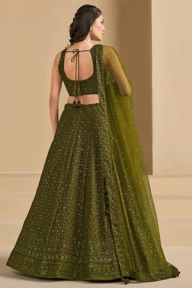 Green Sequin With Embroidered Georgette Lehenga