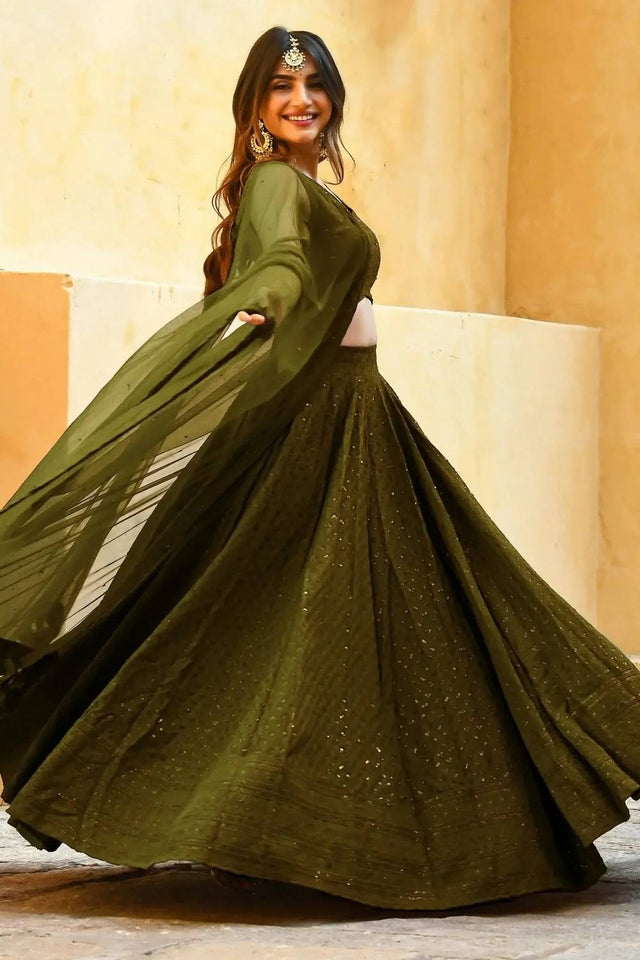 Green Sequin With Embroidered Georgette Lehenga