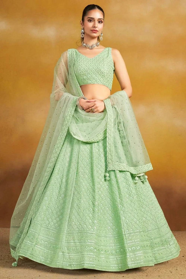 Green Sequin With Embroidered Georgette Lehenga